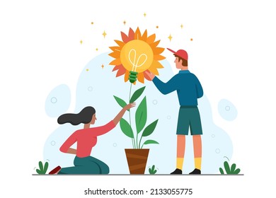Growth process of light bulb plant. Tiny woman and man grow and care bright lamp in flowerpot, brainstorm teamwork on creative idea development flat vector illustration. Progress, inspiration concept