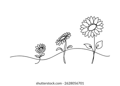 Processo de crescimento de girassóis ilustrado com um desenho de linha única em estilo minimalista simples