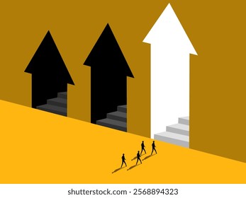 Growth Profit. Businessman chooses the door with the highest arrow
