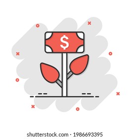 Growth profit icon in comic style. Flower with money cartoon vector illustration on white isolated background. Increase splash effect business concept.
