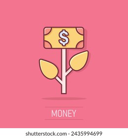 Growth profit icon in comic style. Flower with money cartoon vector illustration on isolated background. Increase splash effect business concept.