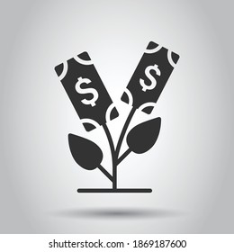 Growth profit icon in flat style. Flower with money vector illustration on white isolated background. Increase business concept.