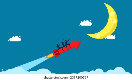 Growth, profits soar. Business team controls growth graph to the moon 
