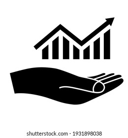 Growth, progress icon. Graph growing up in hand. Statistic bar chart icon. Increase arrow. Infographic progress, business concept. Graphic arrow up. Glyph symbol for statistic. Vector