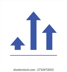Ícone Crescimento e Progresso. Três setas azuis para cima de alturas variadas, representando o aprimoramento dos negócios, as tendências de dados e o sucesso financeiro.