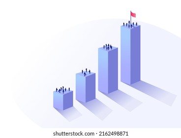 Growth and project milestone concept. Vector illustration of a 3D bar chart with people on top. Workforce aiming to reach a common organizational goal