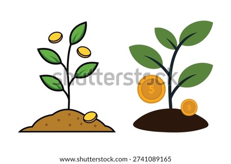 Growth and prosperity depicted through plants and coins in soil illustration