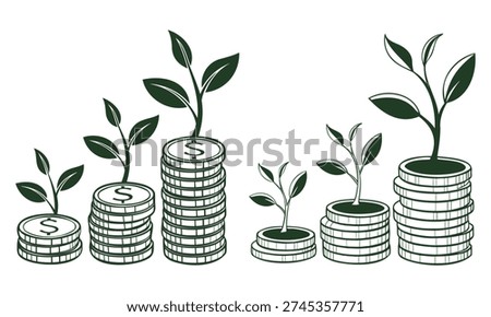 Growth and prosperity symbolized by plants sprouting from stacks of coins.