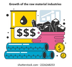 El crecimiento de las industrias de materias primas como causa de inflación financiera. Aumentar los precios y el valor de la razón de la recesión monetaria. Crisis económica y riesgo empresarial. Ilustración vectorial plana