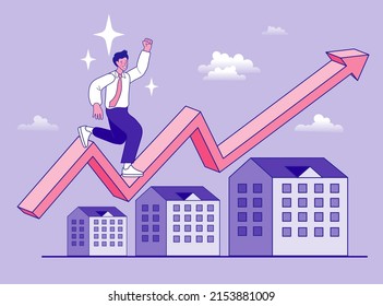 Growth in real estate shown on chart. Housing price rising up. businessman running on rising graph on house roof. vector outline illustration.
