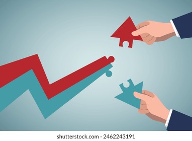 Growth or recession. Business strategy concept.Hand inserts the missing puzzle in arrow graph up.