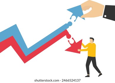 Growth or recession. Business strategy concept.Hand inserts the missing puzzle in arrow graph up.

