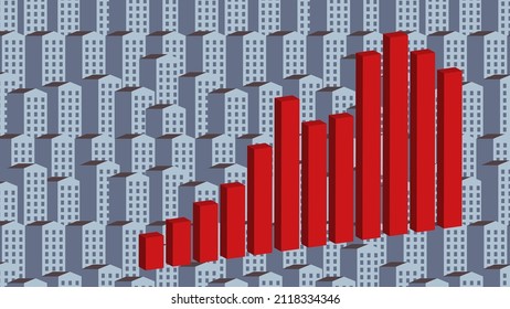 Growth red business graph chart on monochrome building background. Real estate. Renting flat. Sale and rental apartments. Property Price rises concept. Finance and Economy. Inflation. Forecasting.