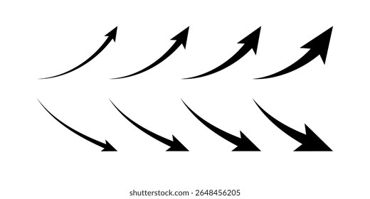 Growth and reduction arrow, up and down, line icon set. Rise and fall, increase and decrease. Graphic signs. Vector flat illustration