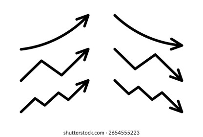Growth and reduction arrow, up and down, line icon set. Rise and fall, increase and decrease. Graphic signs. Vector flat illustration