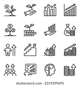 growth related line icons set. analytics, report, investment, trend, brain, graph, successful, diagram, goal, infographic, management, teamwork, presentation, chart, grow