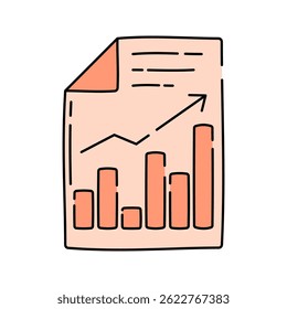 Estilo Doodle do Relatório de Crescimento, documento com gráfico de barras crescente, ideal para mostrar o crescimento da empresa em infográficos ou apresentações.