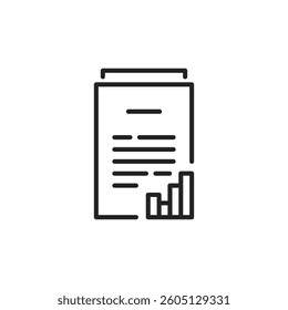 growth report icon like black thin line doc. outline simple abstract workflow study case logotype graphic art design isolated on white. concept of business success symbol or stock market revenue sign