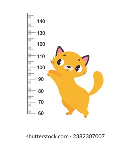 Growth Ruler with Cute Cat Animal at Kids Height Meter Vector Illustration