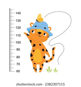 Growth Ruler with Cute Leopard Animal at Kids Height Meter Vector Illustration