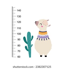 Growth Ruler with Cute Llama Animal at Kids Height Meter Vector Illustration