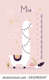 Growth ruler with cute llama. Animal at kids height meter. Stadiometer llama for kids meter wall or height chart centimeter. Scandinavian design style. Sticker, wallpaper template. vector illustration