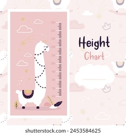 Growth ruler with cute llama. Animal at kids height meter. Stadiometer llama for kids meter wall or height chart centimeter. Scandinavian design style. Sticker, wallpaper template. vector illustration