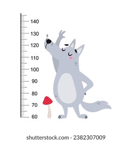 Growth Ruler with Cute Wolf Animal at Kids Height Meter Vector Illustration