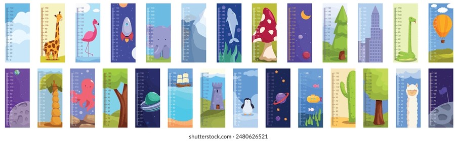 Growth ruler icons set. Collection of colorful kids height charts with animals, planets and fairytales for measuring tallness vector illustration