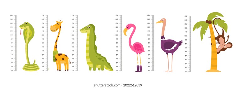 Growth ruler. Kids scale measuring with funny tall or long wild animals and birds. Cute giraffe and dinosaur. Pink flamingo or monkey on palm. Vector height measurement equipment set