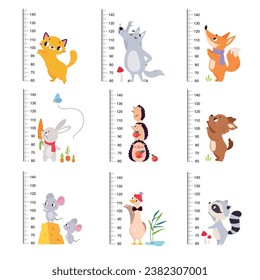 Growth Rulers with Cute Animal at Kids Height Meter Vector Set