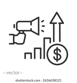 growth sales icon, digital marketing, advertising promotion, offer special discount, thin line symbol on white background - editable stroke vector illustration eps10