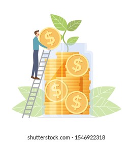Growth saving Concept. young man putting coins in jar growth saving money. Vector illustration flat design style.