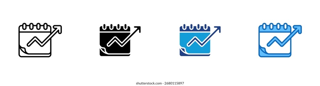 Growth Schedule Multiple Style Icon Vector Design - Calendar with upward arrow graph, indicating scheduled growth, performance planning, or forecast