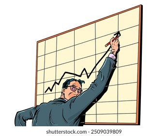 Growth of shares in the financial market. The employee's career moves up the career ladder. A man in a suit stands at a board with a chart. Pop Art Retro Vector Illustration Kitsch Vintage 50s 60s