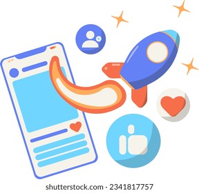 Growth in social networks, spaceship or rocket leaving from the cell phone, likes, and followers