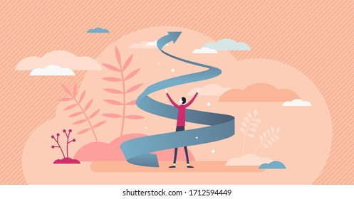 Growth spiral vector illustration. Business development flat tiny persons concept. Increase career and personal improvement visualization with upward spiral arrow and motivation or inspiration symbol.