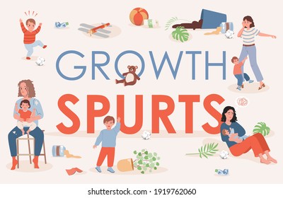 Growth spurts vector flat poster design with space for text. Tired and exhausted parents trying to calm down their children. Difficulties of children parenting, help with educating banner concept.