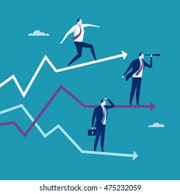 Growth, stability, decline. Three businessmen standing on their arrow signs. Concept business vector illustration.