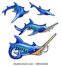 The growth stage of blue sturgeon isolated on white background. Commercial fish. Cartoon vector close-up illustration.
