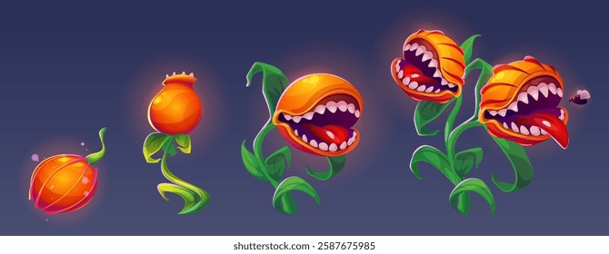 Growth stages of carnivorous monster plant - glowing orange bud evolving into scary fanged predator flowers. Progressive development sequence with sharp teeth, leafy stems for fantasy game design.