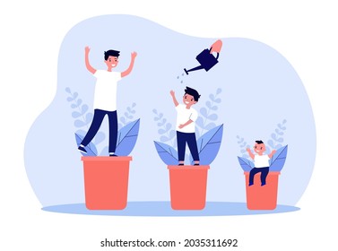 Growth stages of child in form of plant. Flat vector illustration. Newborn, junior schoolchild and teenager boy watered with watering can, changing with age. Growing up, gardening, childhood concept