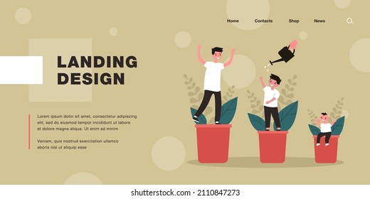 Growth Stages Of Child In Form Of Plant. Flat Vector Illustration. Newborn, Junior Schoolchild And Teenager Boy Watered With Watering Can, Changing With Age. Growing Up, Gardening, Childhood Concept