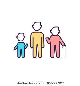 Growth stages RGB color icon. Biological age. Aging process. Childhood. Age and gender differences. Adolescence, adulthood. Physical development. Senior, elderly years. Isolated vector illustration