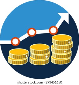 Growth Statistics Business Graph of Coins.Vector flat icon