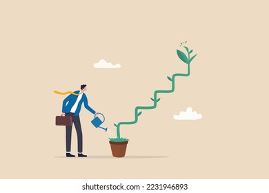 Growth step or career path, job improvement stair or growing investment or stair to success, mentorship concept, businessman watering seedling plant growing up as stair to climb to reach success.