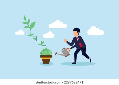 Paso de crecimiento o trayectoria profesional, nivel de mejora de empleo o aumento de la inversión o el talento para el éxito, concepto de mentoría, planta de plántula de riego de empresarios creciendo como escalera para escalar para alcanzar el éxito.