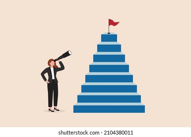 Growth step to success, visionary to see business opportunity or career path, journey to reach goal or achievement concept, smart businesswoman looking through telescope for target on top of stairway.