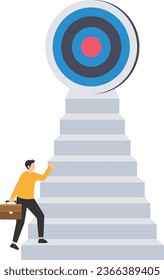 Growth step to success, visionary to see business opportunity or career path, journey to reach goal or achievement, Woman looking through telescope, Target on top of stairway

