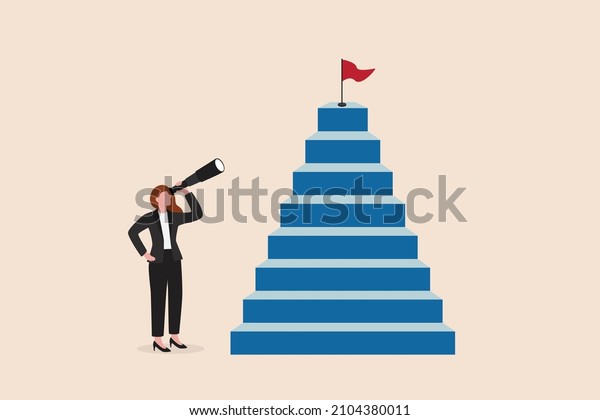 Growth step to success, visionary to see\
business opportunity or career path, journey to reach goal or\
achievement concept, smart businesswoman looking through telescope\
for target on top of\
stairway.